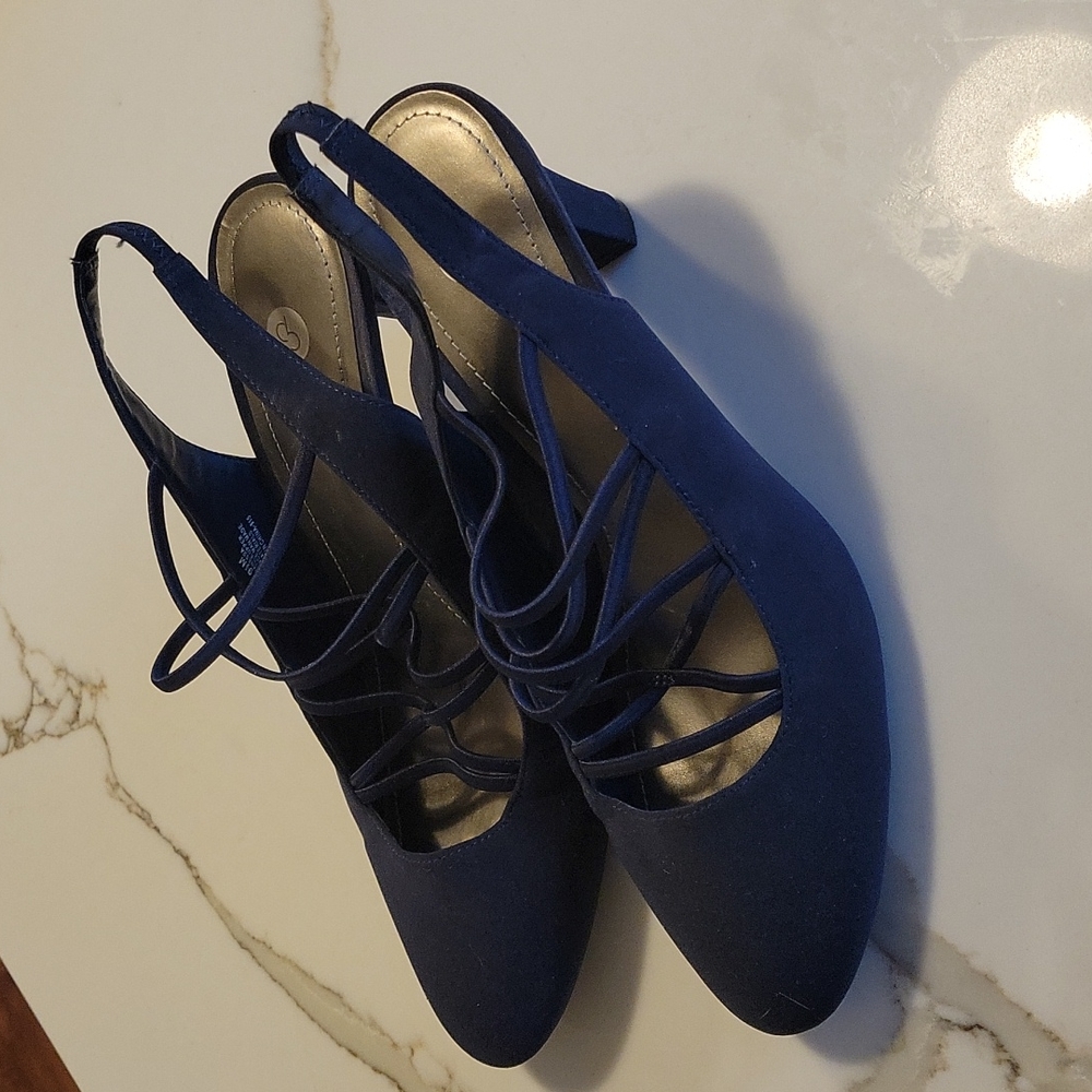 CP, Vanessa Navy Blue Heels with criss cross straps.